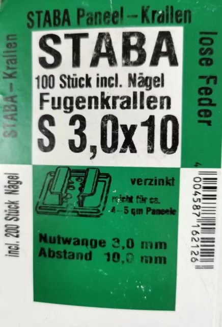 300 Stück Staba Fugenkrallen Paneel Krallen S 3,0x10 f. lose Feder inkl. Nägel