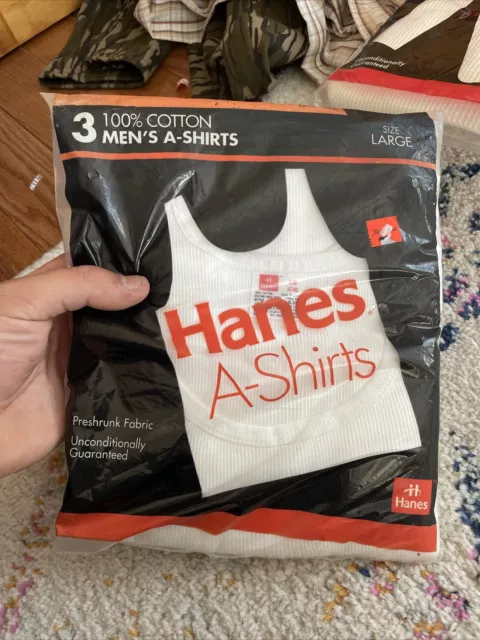 VTG NOS 3 Hanes Cotton A-Shirts Undershirts Wife Beaters Men's SZ L White
