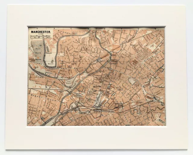 MANCHESTER 1910 ANTIKER STADTPLAN Farbkarte - montiert für Rahmen