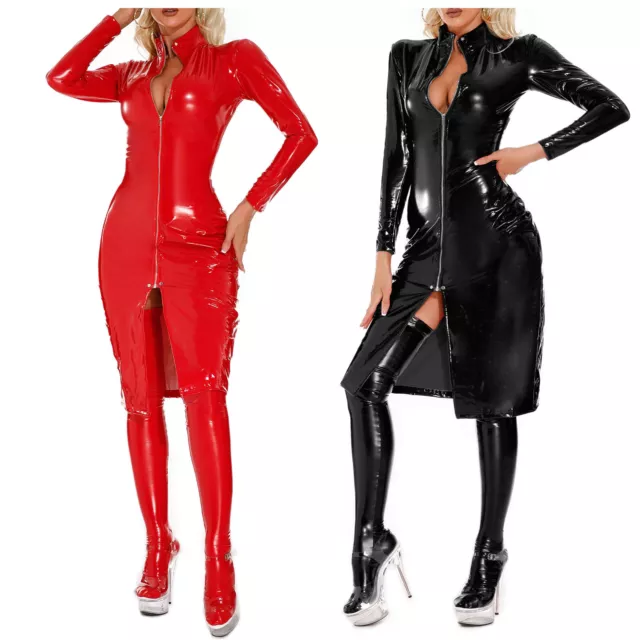 Womens Dress Shiny Bodycon Zipper Patent Leather Knee Length Adult Pole Costume