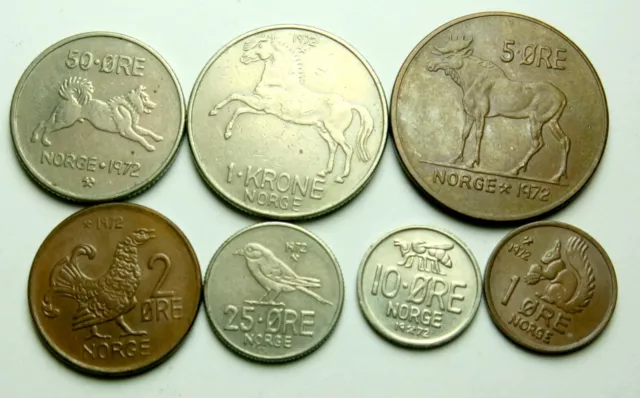 NORWAY 7 coins ~ FULL Set ~ ALL are DATED 1972 1-50 ØRE, & 1 Kr ~ Animal Series!