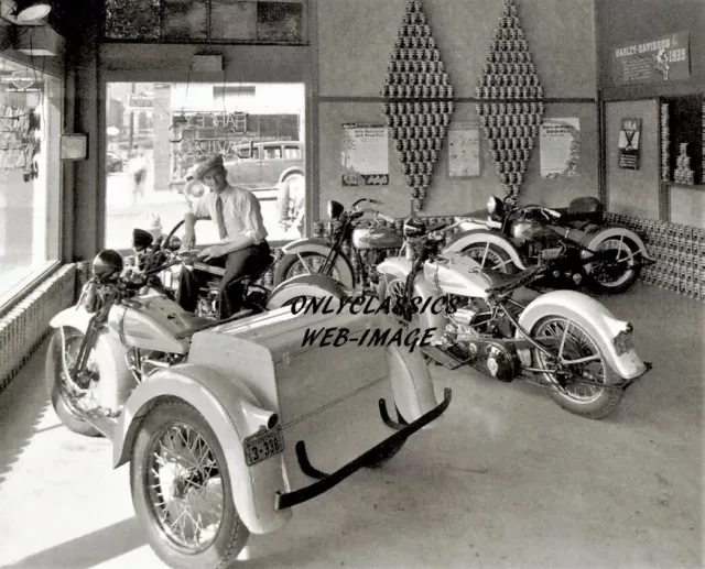 1935 Harley Davidson Motorcycle Dealer Old Showroom Texas 8X10 Photo Servi-Car