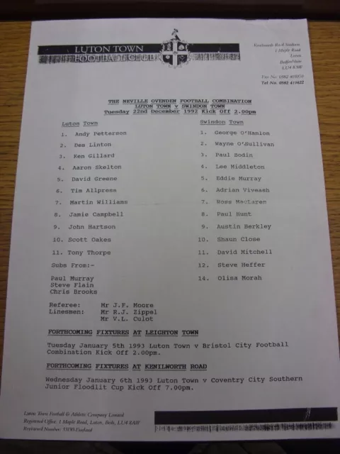 22/12/1992 Luton Town Reserves v Swindon Town Reserves  (Single sheet, folded).