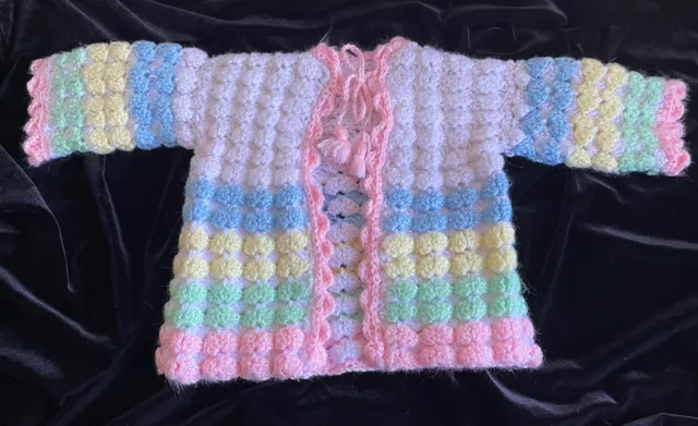 Vtg. Pink Yellow White Blue Green  Hand Crocheted Baby Sweater Tie Front Closure