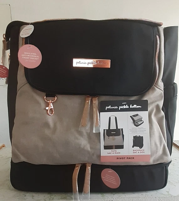 Petunia Pickle Bottom Diaper Bag Backpack Tote Black/Sand with Rose Gold Zippers