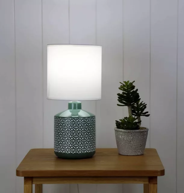 Ashie Green Ceramic Table Lamp With White Fabric Shade Bedside Oriel Celia Light