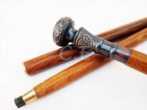 Handmade carved Solid Antique Brass Handle Victorian cane Wooden Walking Stick