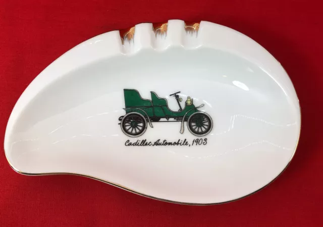 Ash Tray w/ Antique Cadillac Automobile, 1903 Lustre Rim  and gold Trim Vintage