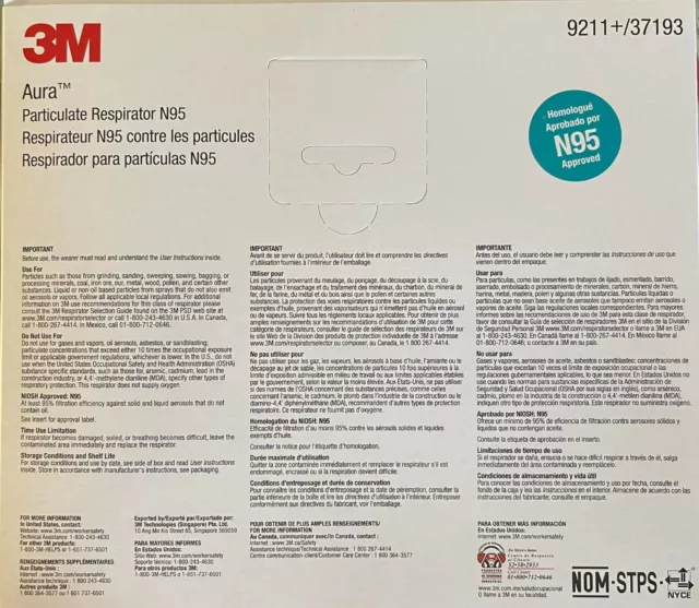 3M 9211+ Aura Respirator W/Valve Individual Sealed Exp 08/2026 Each Select Qty 2