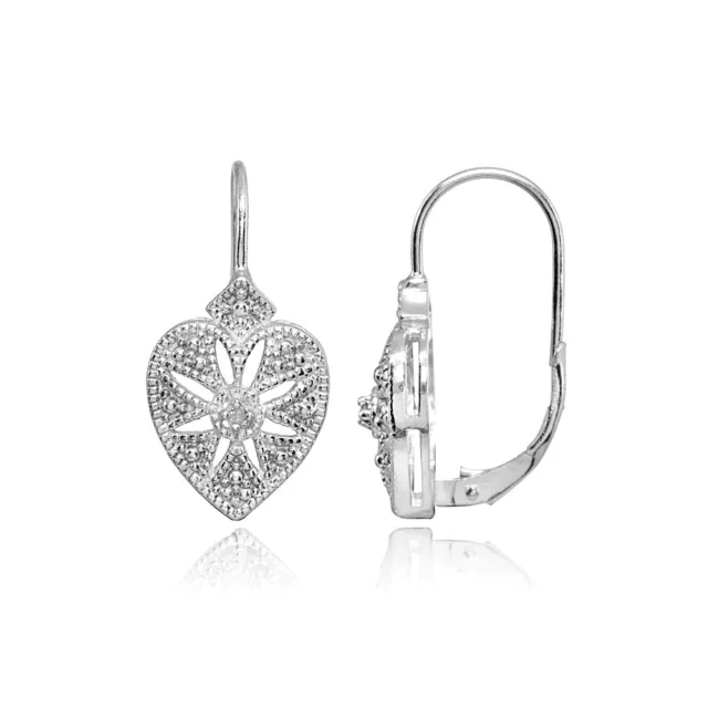 Sterling Silver Diamond Accent Filigree Starburst Heart Leverback Drop Earrings