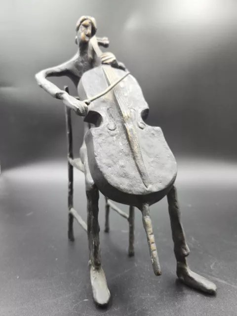 Iron Cello Player Mid-Century Modern Brutalist Sculpture Musician 10"x 4" Heavy