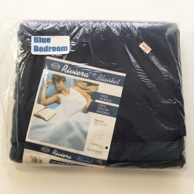 VTG Riviera by Beacon 100% Acylic Blanket Satin Binding Derma-Nap Navy 72x90 NIP