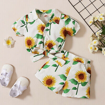 Toddler Kids Baby Girls Short Sleeve Sunflower Printed Tops+Shorts Outfits