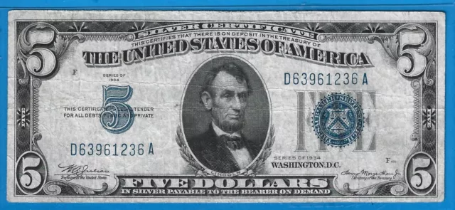 1934 $5 Silver Certificate Note,Blue Seal,Circ VF,Nice!