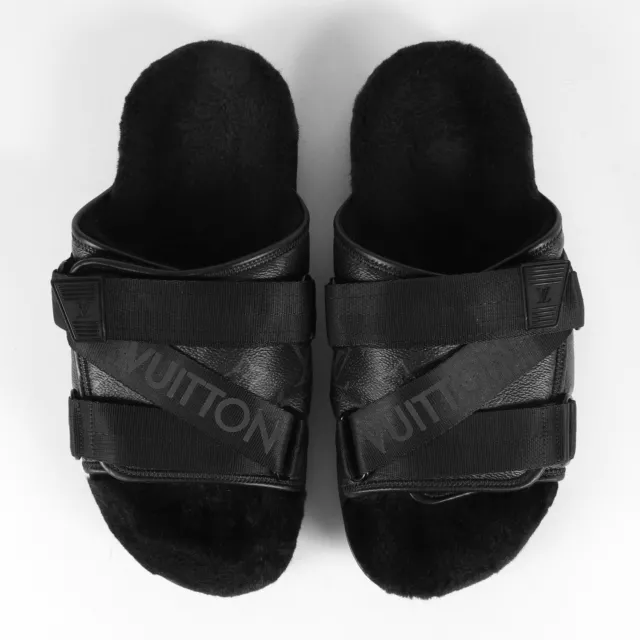 LOUIS VUITTON Honolulu Mule Sandals Black Fur Monogram UK 5.5 / US