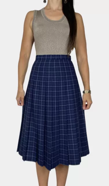 ST MICHAEL Vintage Blue Check Print Pleated Wool Blend Midi Skirt Sz 12 Fit 6-8