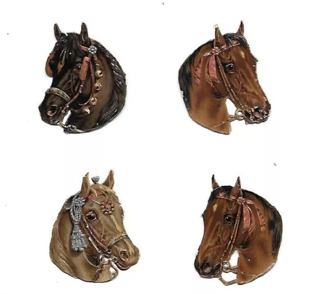 4 anciens chromos découpis fin XIX e h. 4 cms belles têtes de chevaux horses