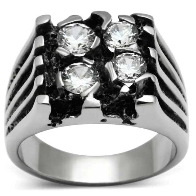MENS SIGNET RING silver pinky 4 solitaires cubic zirconia cz stainless ...