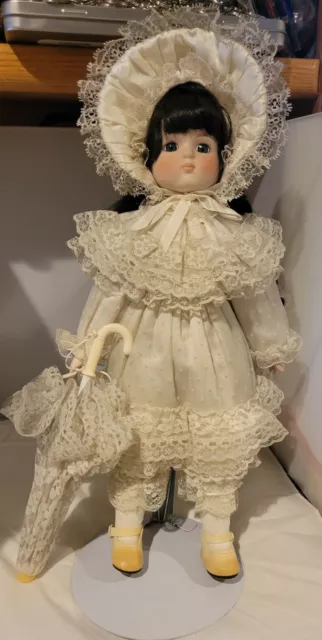 Vintage 80s Porcelain Doll with umbrella and stand. Lace Dress and matching hat