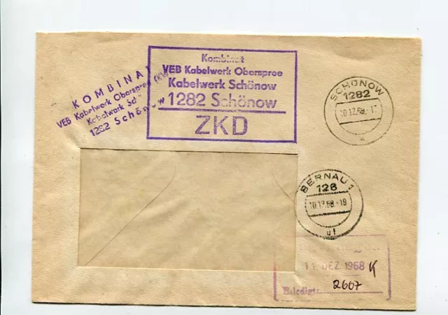 DDR Dienst ZKD Brief Schönow 20.12.68 Kombinat VEB Kabelwerk Oberspree Bernau