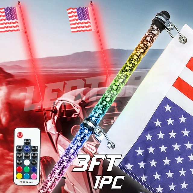 1X 3ft RGB Spiral LED Whip Lights Antenna Chase w/ Flag Remote for ATV UTV JEEP