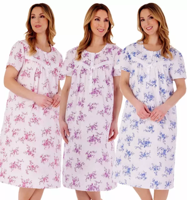 Womens Slenderella Nightie Floral Print 44" Short Sleeve 100% Cotton Nightdress