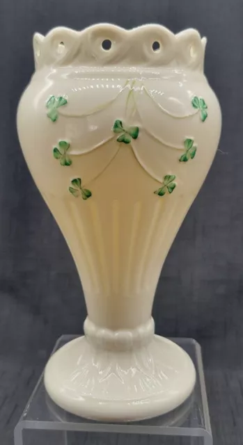Vintage Belleek Ireland Irish Porcelain Vase Pierced Shamrock Ivory 8" T x 4" W