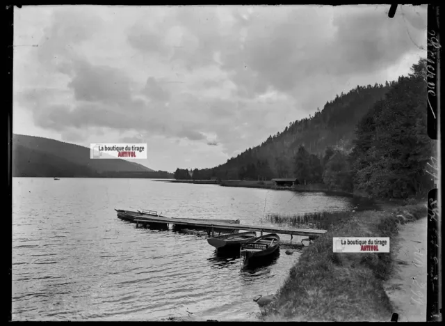 Antique photo glass plate negative black and white 13x18 cm, Lake Gerardmer