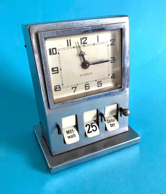 Rare Art Deco Clock Rowenta Chrome Housing With Perpetual Calendar H: 5 1/8in