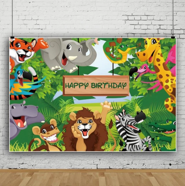 DORCEV Cartoon Zoo Backdrop Jungle Safari Party Cartoon Zoo Theme Kids Birthday Party Background Lion Tiger Panda Green Leaf Kids Party Cake Table Banner Kids Birthday Photo Studio Props - View #7