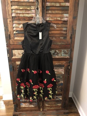 NWT Modcloth Liza Luxe Black Tulle Skirt Res Roses Dress Small Holiday Halter
