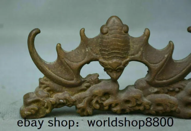 4.6" Old Chinese Red Bronze Folk Feng Shui Bat Birds auspicious Wealth Statue 2