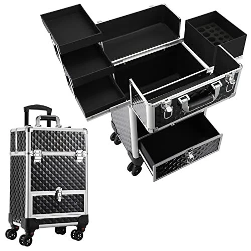 Professional Rolling Makeup Case Aluminum Trolley Train Case with 360° Swivel