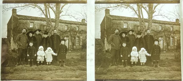 Soldat Avec Famille 1915 Plaque Stereo Verre 6X13 Vue Photo Stereoscopique