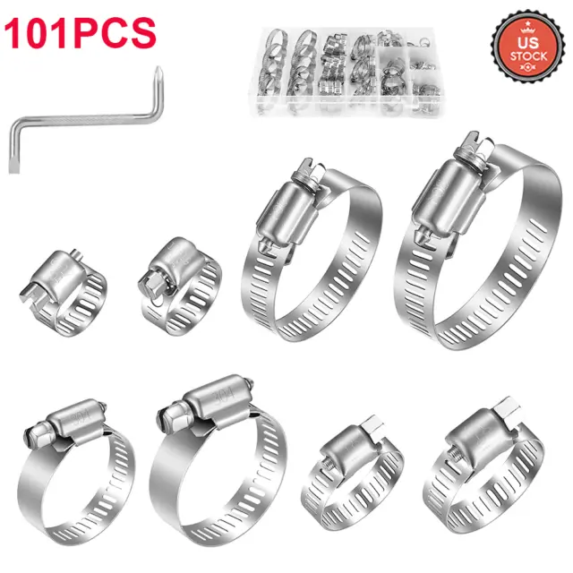 101pcs Adjustable Hose Clamps Worm Gear Stainless Steel Clamp Assortment 8 Sizes