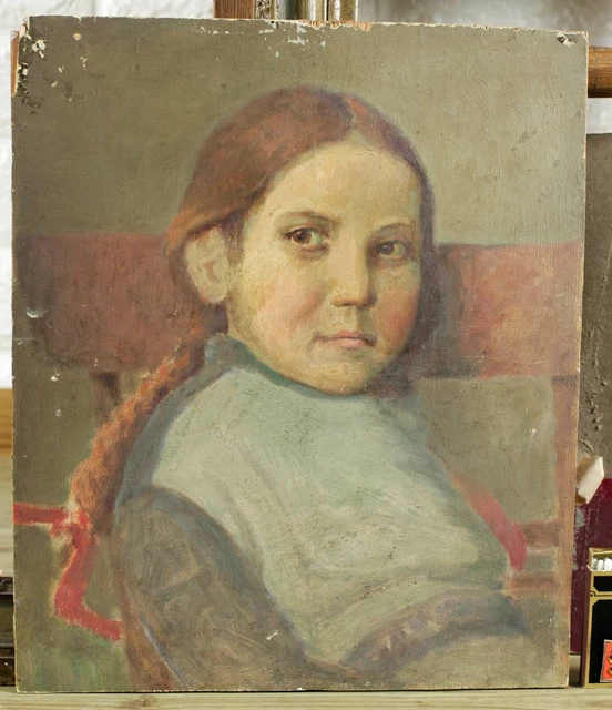 Antiguo Pintura Al Óleo en Ambos Lados Pintado Guitarras De Spielerin + Retrato