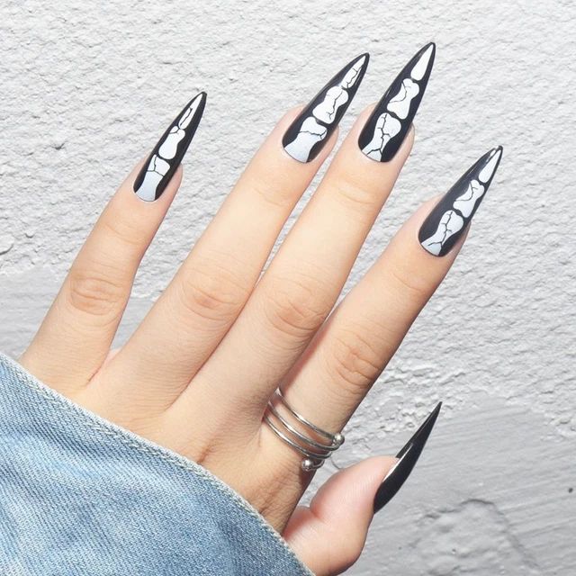 scuro Artiglio di smorfia Stiletto lungo Halloween Dito del cranio Unghie finte