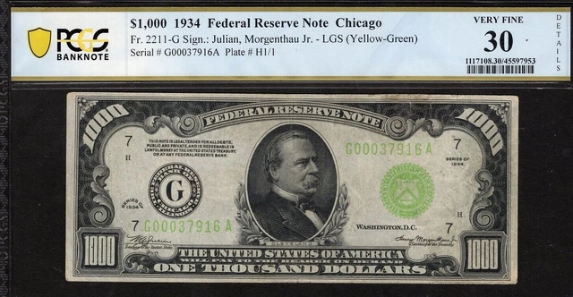 $1000 1934 Chicago  Fr. 2211  VF 30 -PCGS-FRN Details - Light Green Seal-LOWERED