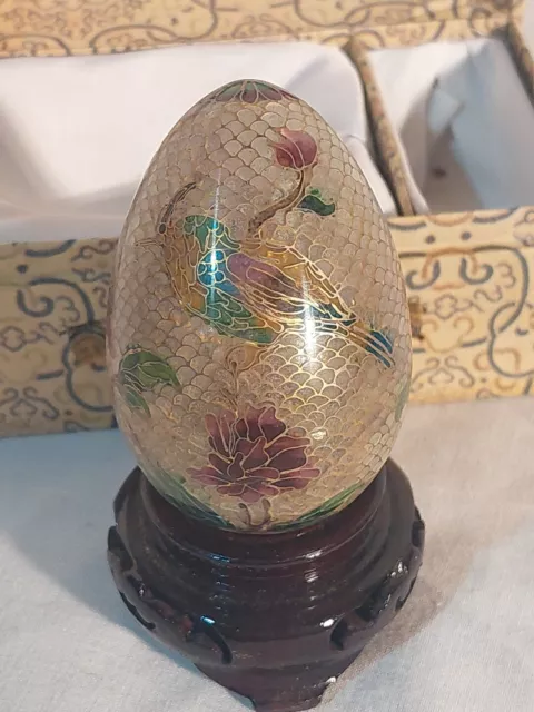 PURPLE PEONY BIRD China GOLD cloisonne enamel egg WOOD stand STORAGE BOX