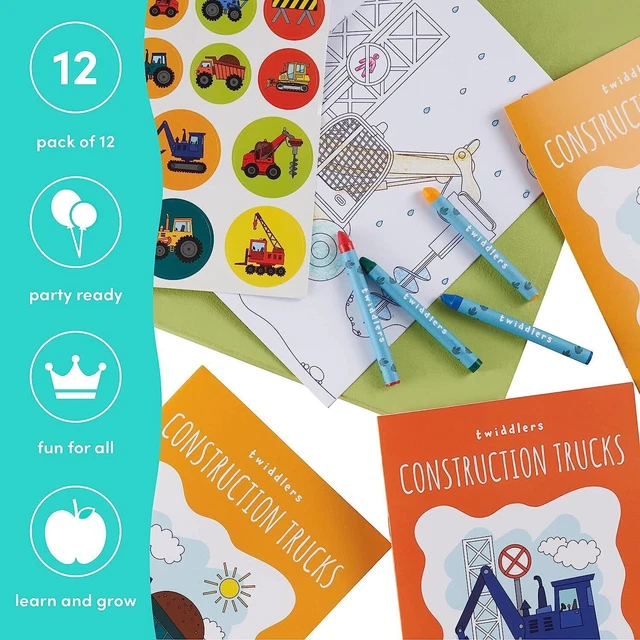 12 Mini Malbücher für Kinder DIN A5 Baustelle +Sticker & 48 Buntstifte Mitgebsel 3