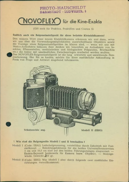 Prospekt Novoflex für die Kine-Exakta (14,7x21cm) Kamera Werbung Fotografie