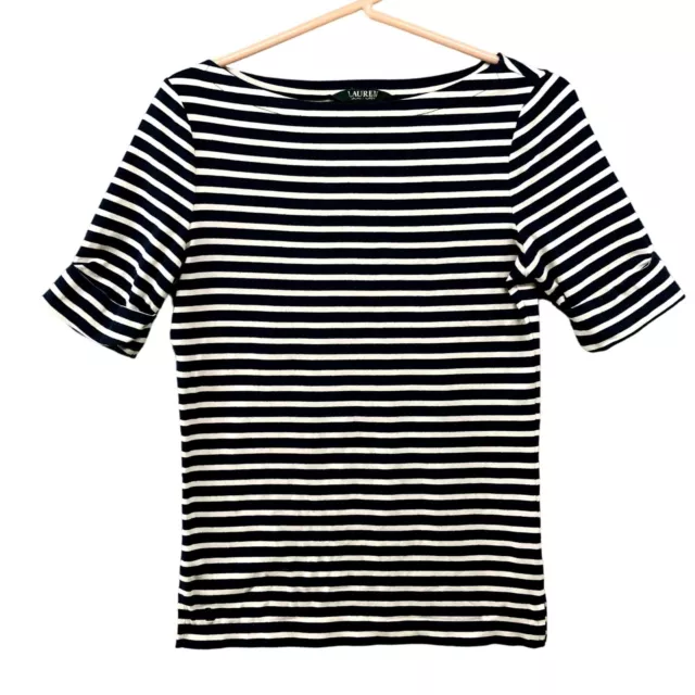 Lauren Ralph Lauren T Shirt Womens S Navy White Stripe Short Sleeve Boat Neck