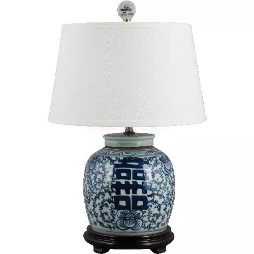 Classic Blue And White Porcelain  Oriental Ginger Jar Lamp Happiness