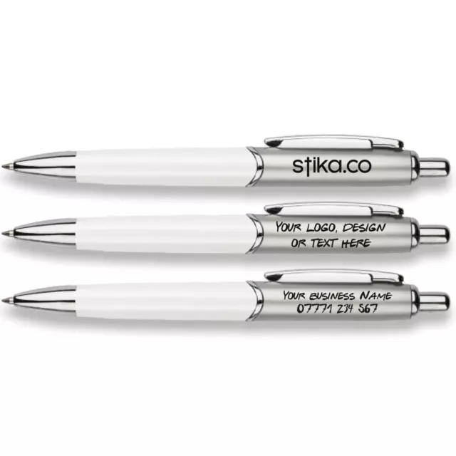 Custom Printed White Chrome Personalised Pens, Ballpoint Promotional Pens