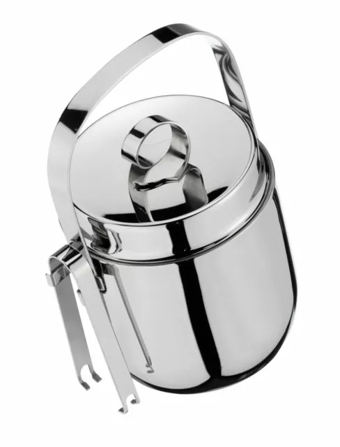 Double Walled Stainless Steel Insulated Ice Bucket & Tongs Lid 1.3L Party Cooler