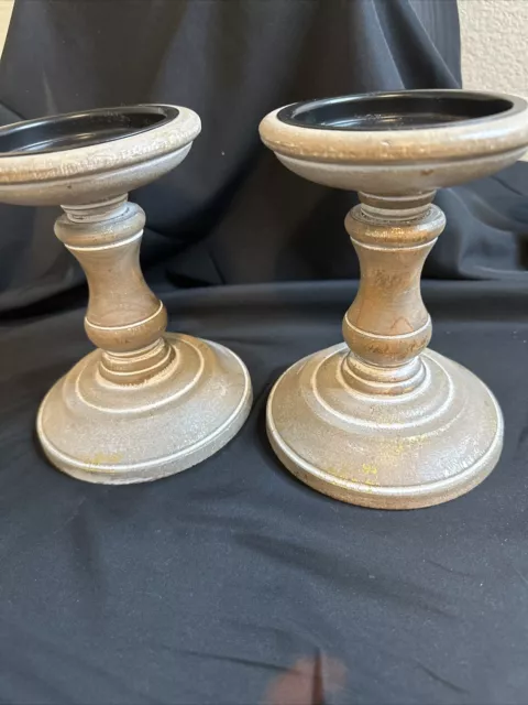 Wood rustic tapered pillar candle holder 6” Set Of Two Shabby Chic
