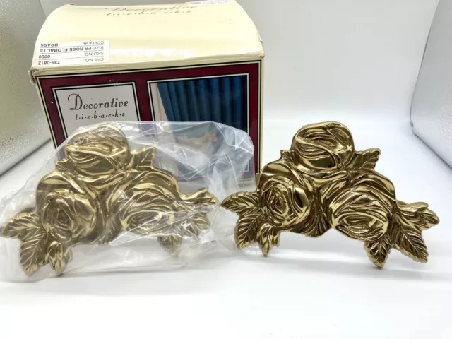 NOS 2 Vtg Brass Curtain Tiebacks Floral Rose Flower Tie Backs Pair Original Box