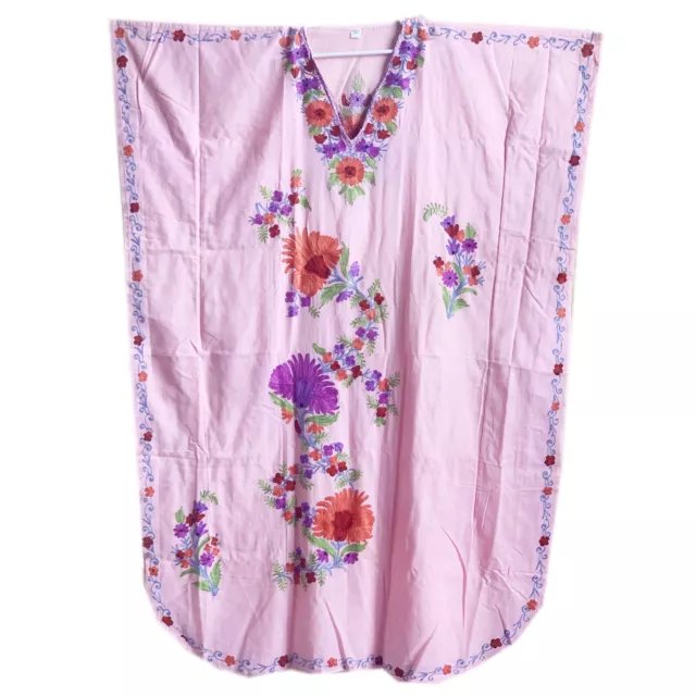Womens Caftan Boho Loose Beach Dress Cotton Pink Floral Embroidered Kaftan L-56"