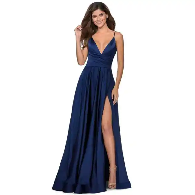 La Femme Womens 28607 Plunge Sleeveless Gown 8 Blue Pleated Drape Formal