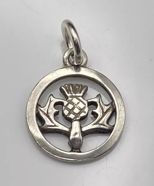 Vintage Sterling Silver Small Round Scottish Thistle Scotland Flower Charm